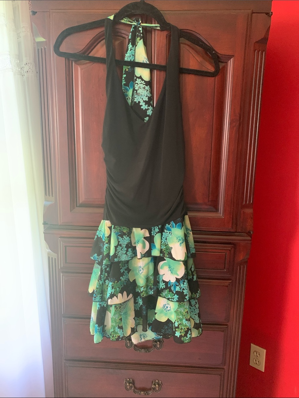 Black HalterDress with Green Floral Tiered Skirt